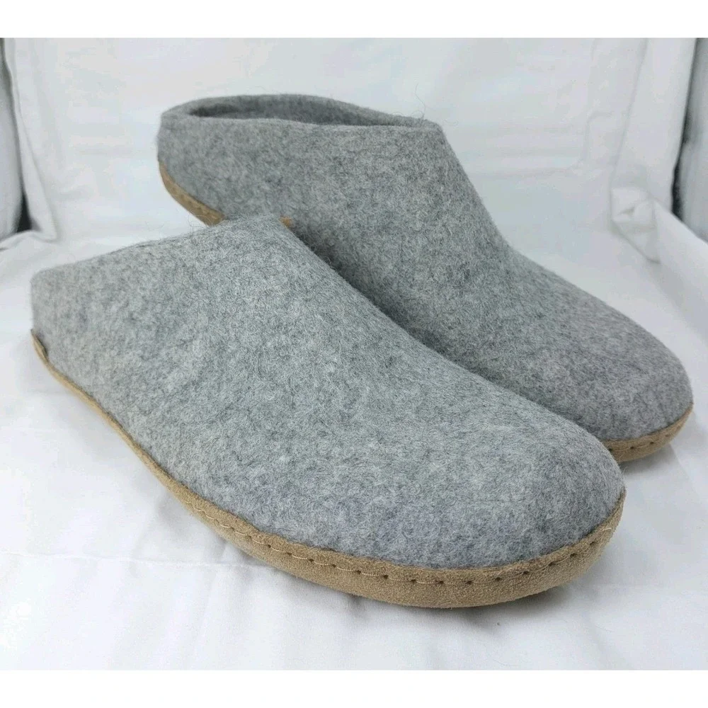 Glerups Natural Wool Slipper Mens Slip On Gray US 13 EU 47  Leather Bottom New